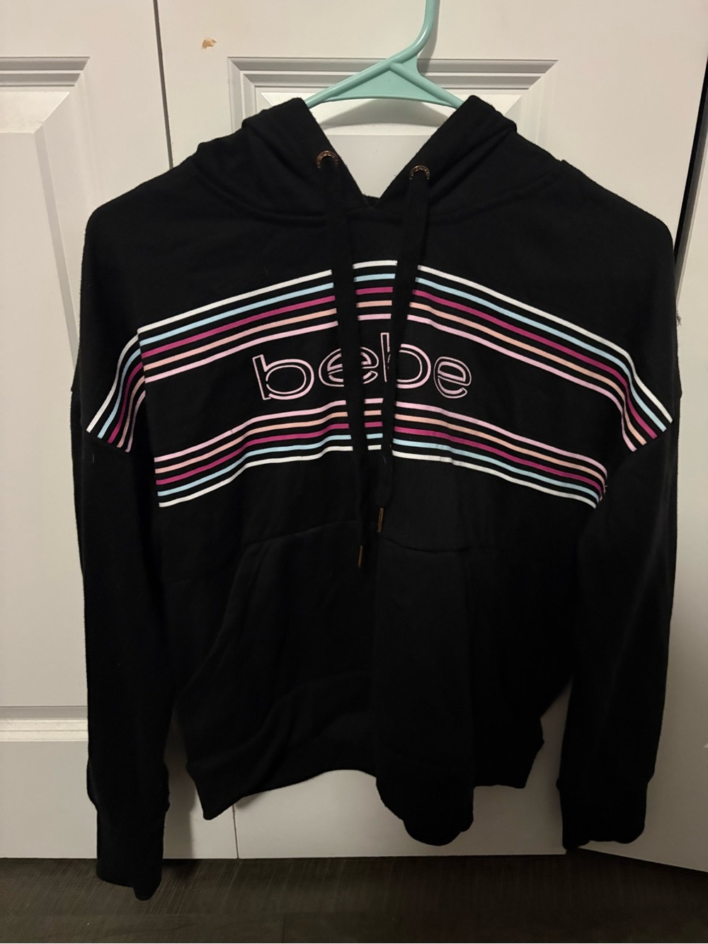 bebe Black Hoodie with Pink & Blue Stripe Logo